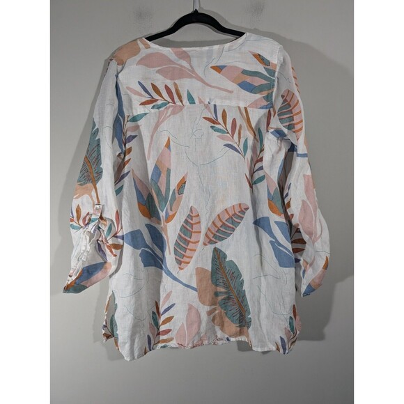 Cynthia Rowley Linen Top Women Plus 1X White Floral Roll Tab Sleeves Tunic - Picture 2 of 7